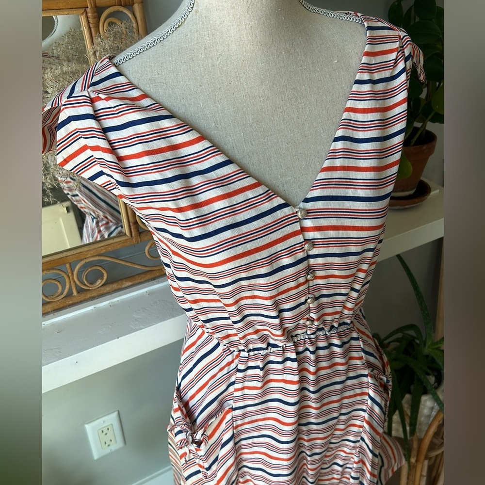 1970s Style Striped V-Neck Dress Nautical Vibes